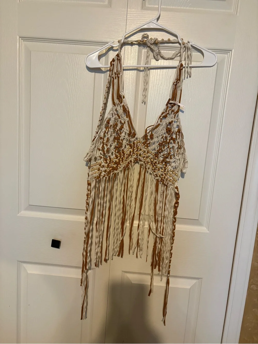 Free People Crochet Fringe Halter in Cream and Brown - Picture 3 of 4